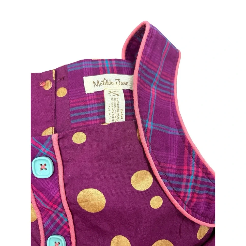 Matilda Jane Plum Gold Polka Dot Plaid Belted Dress With Tulle & Pockets Girls 6